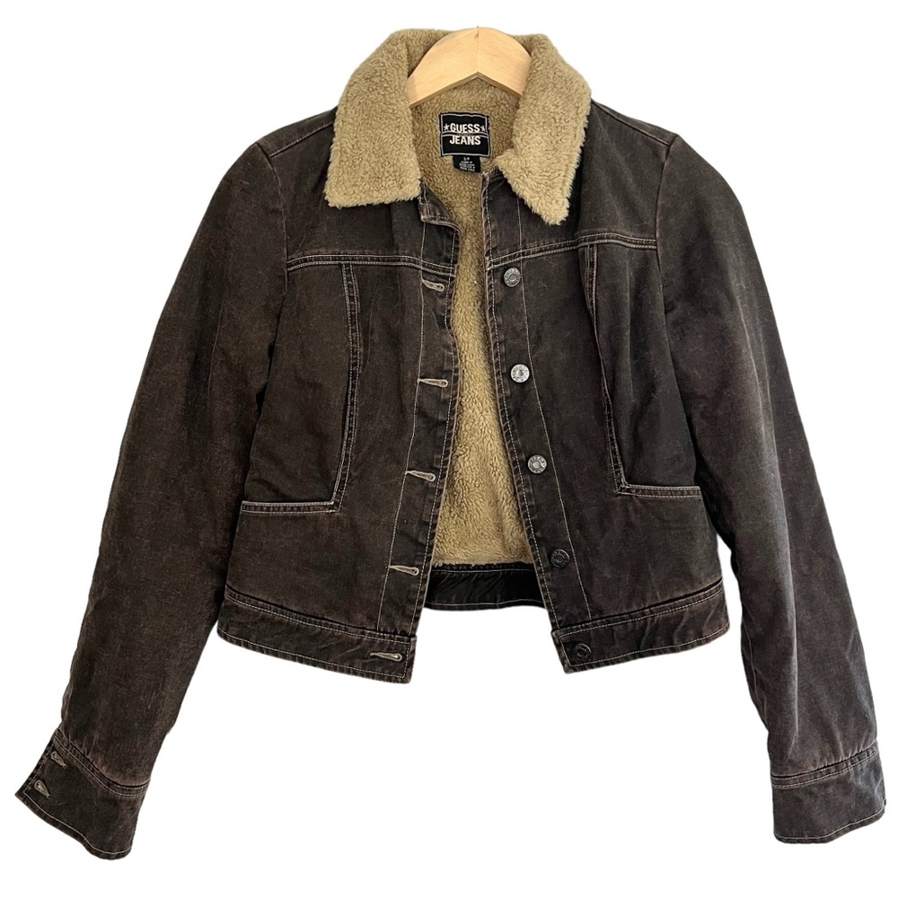 Guess Jeans Brown Faded Denim Tan Teddy Lined Inside Jacket Size S